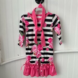 Pretty Pink Floral/Black & White Striped Romper - Size 0-3 months